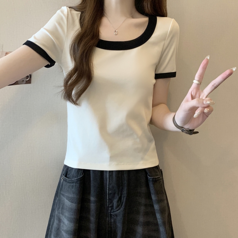實拍  40支純棉 2024夏裝韓系顯瘦撞色短袖T恤女辣妹