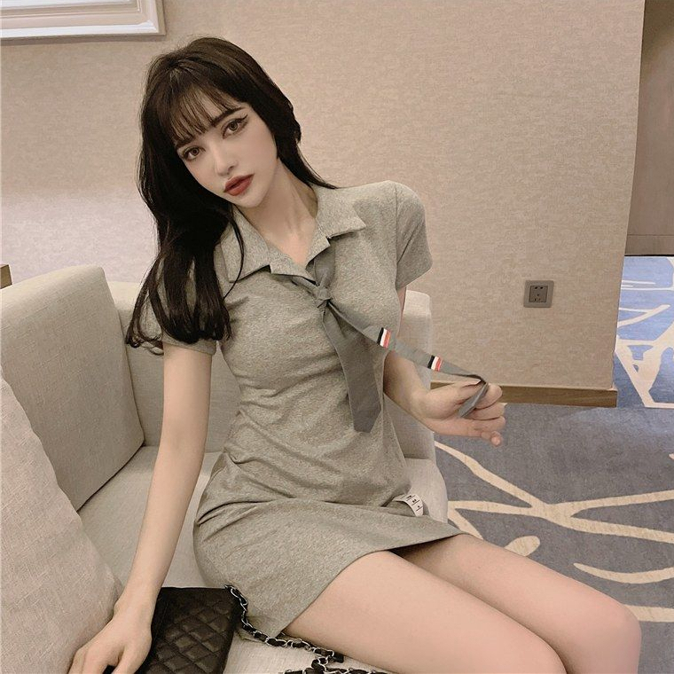 配領帶新款潮流純欲學院風連衣裙夏季修身顯瘦收腰領帶包臀短裙
