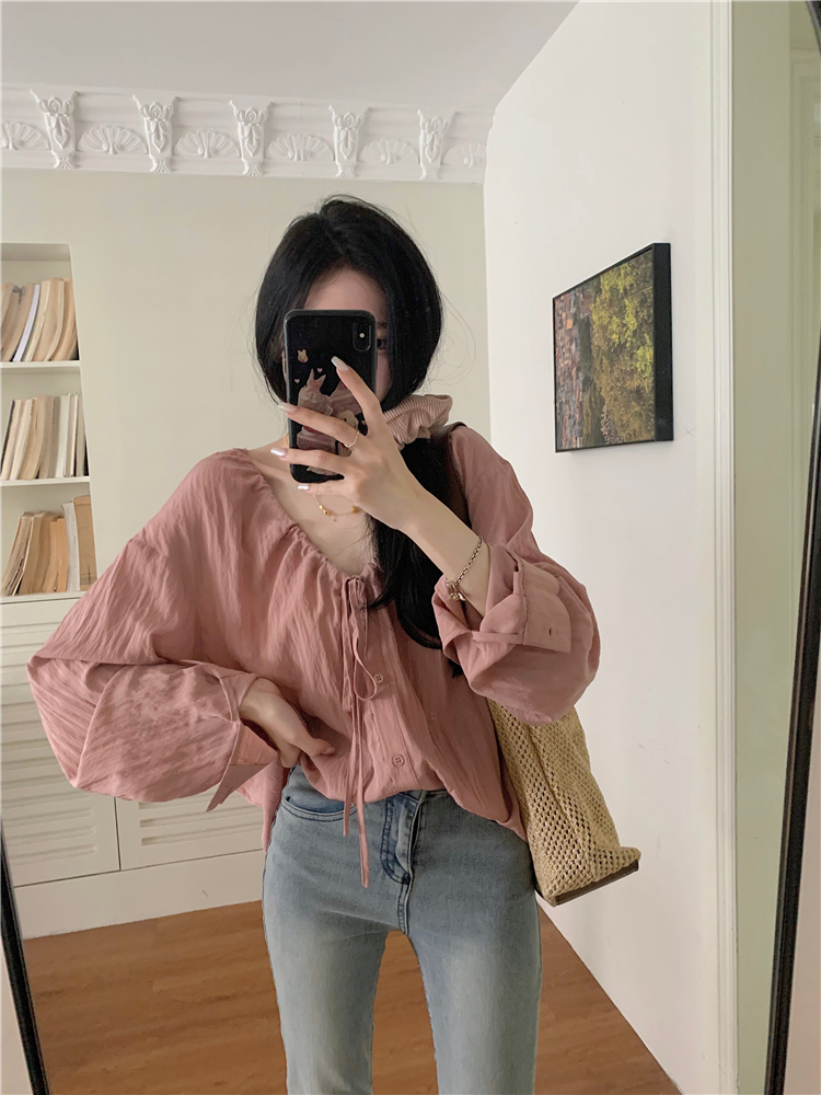 實拍~大碼女裝V領綁帶設計感小眾襯衫女獨特别致小衫百搭顯瘦