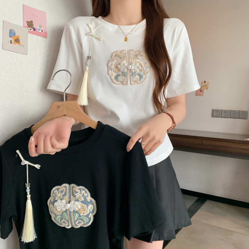實拍 夏裝新款胖mm大碼吊墜新中式短袖T恤女顯瘦百搭國風上衣