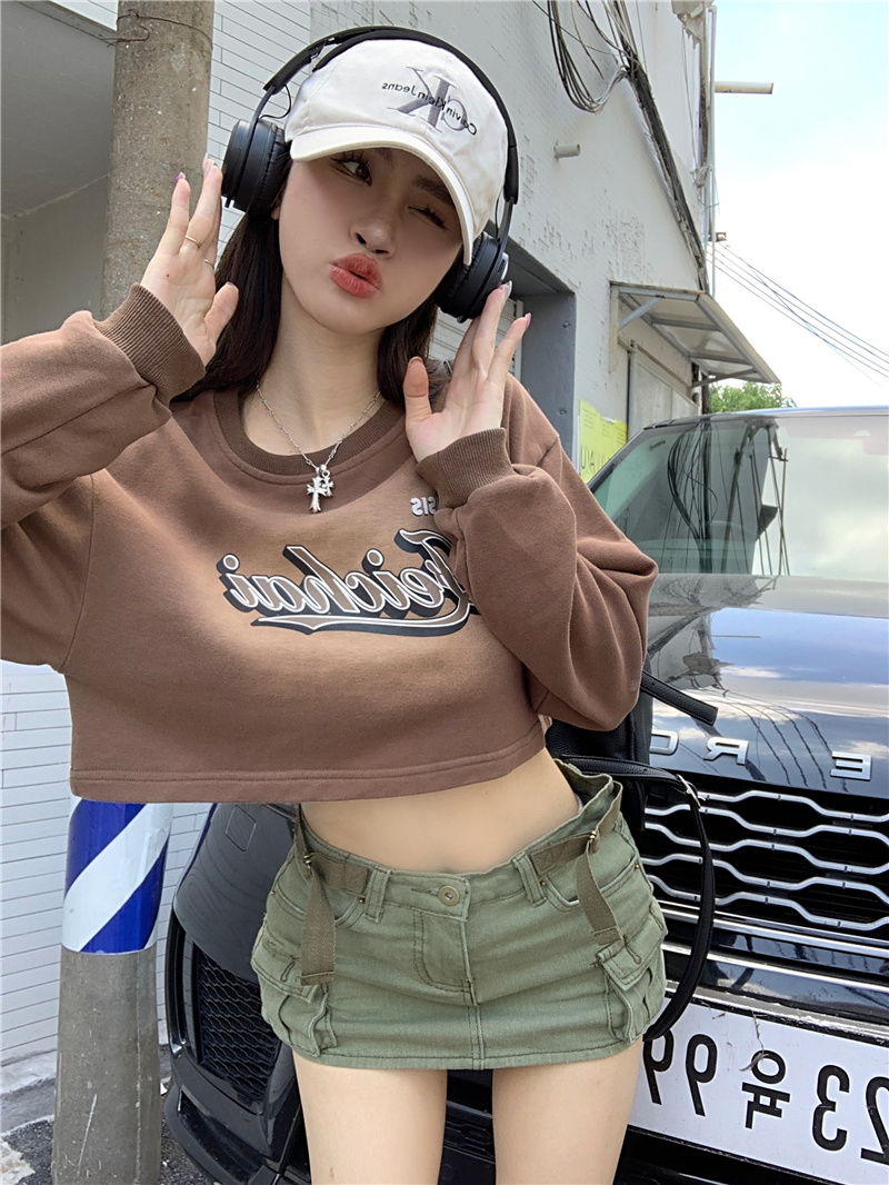 實拍 復古高街設計感做舊水洗辣妹短款衛衣女
