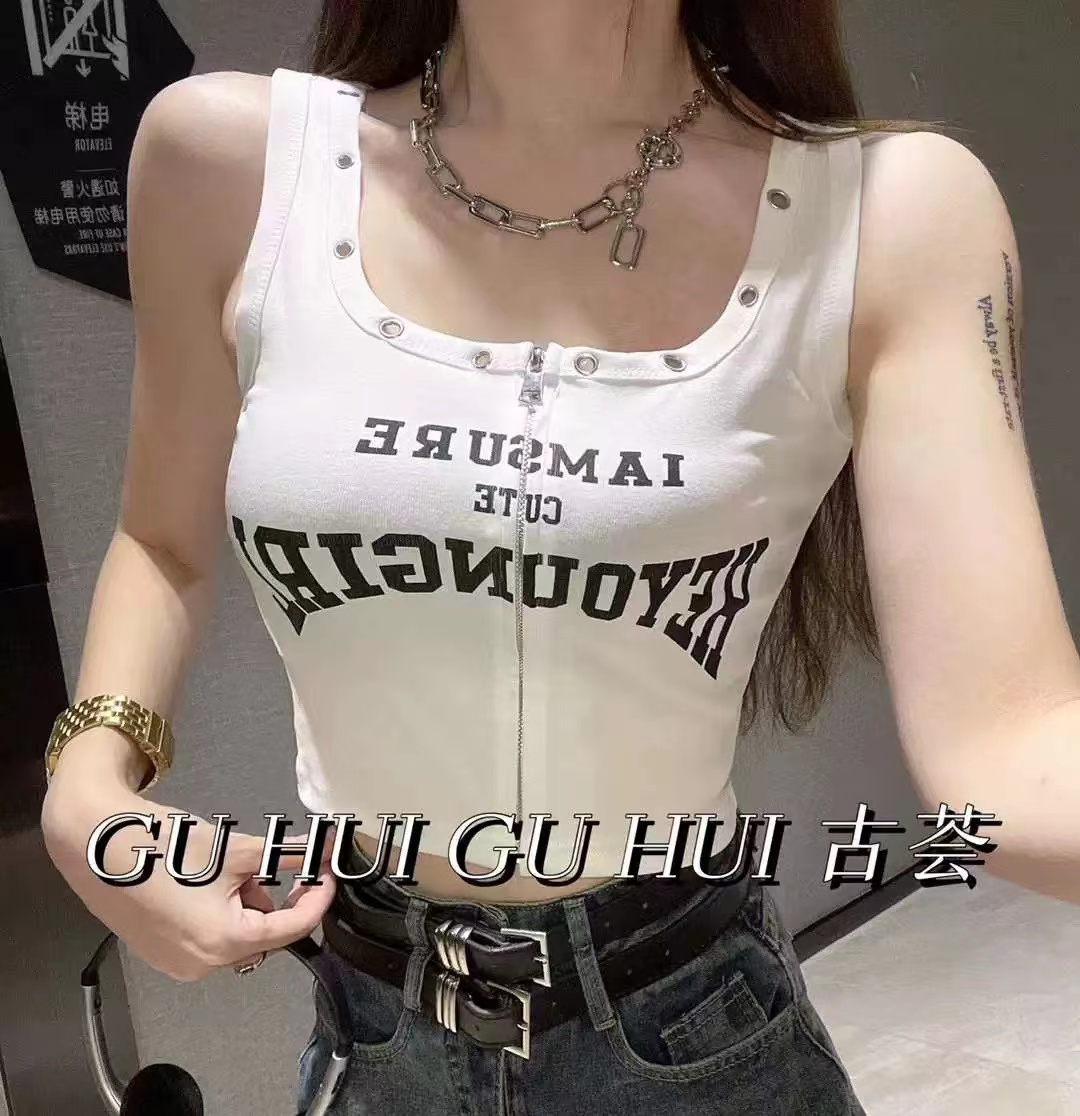 早春季港風復古百搭修身拉鏈印花露臍外穿U領吊帶背心女長袖上衣