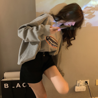 韓版慵懶風早春新款薄款圓領oversize寬鬆灰色衛衣上衣女