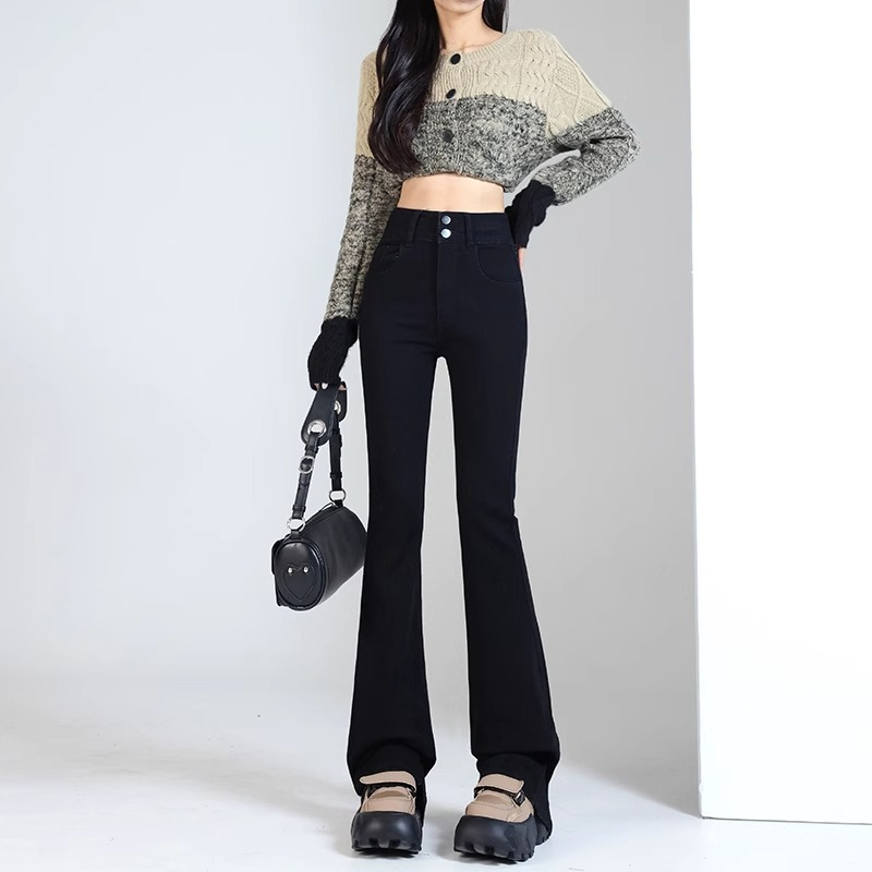 黑色雙扣微喇牛仔褲女2024春季新款小個子高腰顯瘦百搭拖地喇叭褲