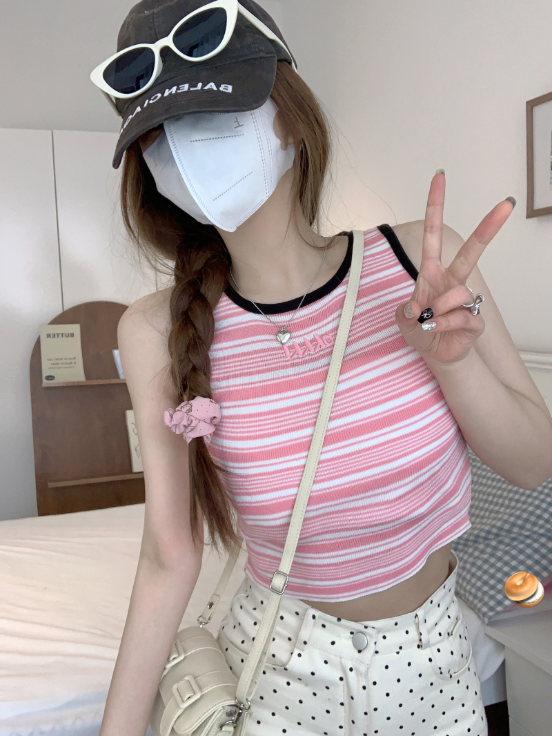 實拍 條紋工字吊帶背心女內搭夏季辣妹外穿短款修身無袖上衣