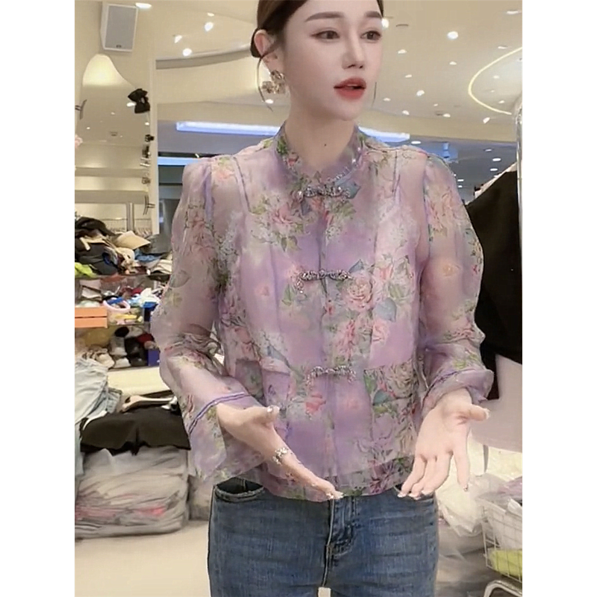 質檢官圖春夏新款網紗微透新中式盤扣長袖襯衫女氣質百搭上衣女