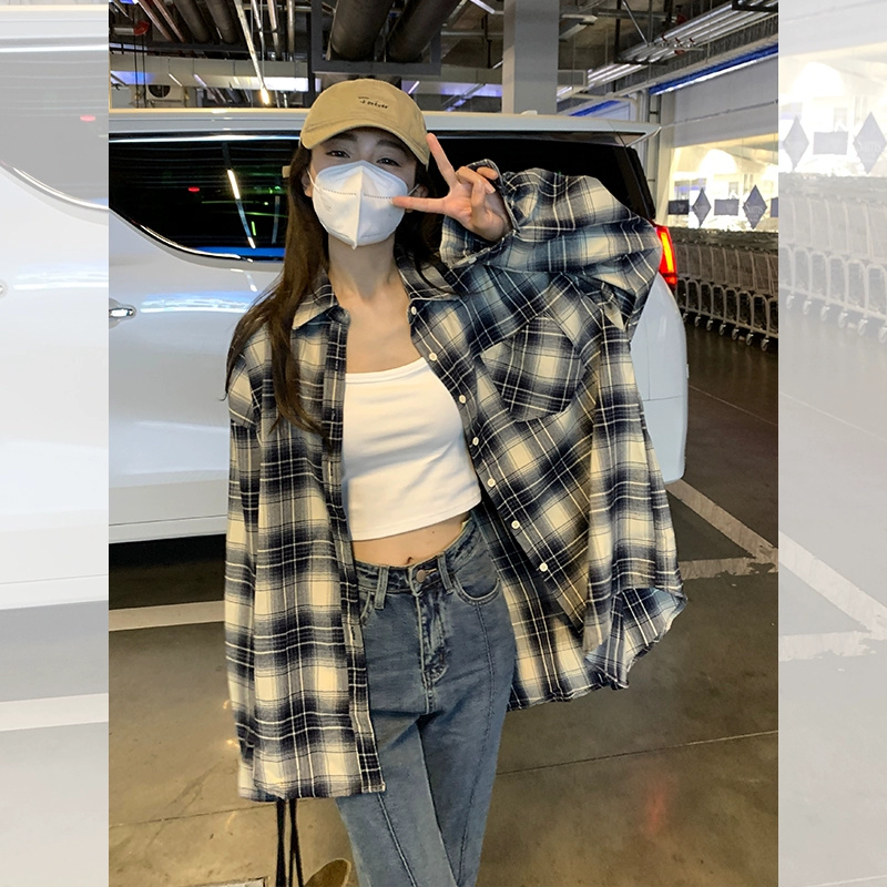 港風復古格子襯衫女款秋裝小個子襯衣外套休閒開衫上衣外搭