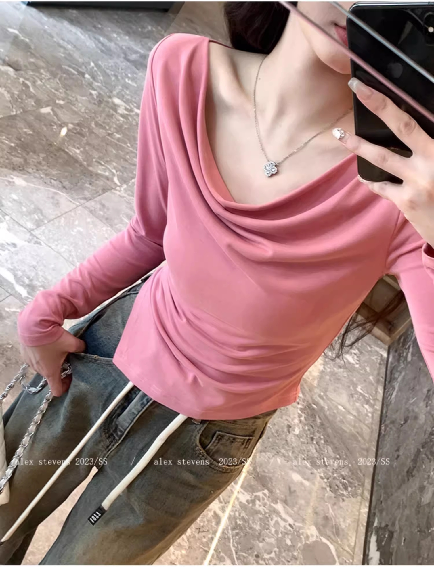 設計感小眾長袖t恤女2024年早春新款純色不規則修身打底衫上衣潮