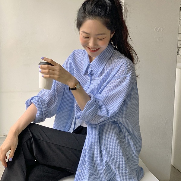 chic 慵懶溫柔少女韓國小眾早秋泡泡棉紋理格子中長款防曬衣