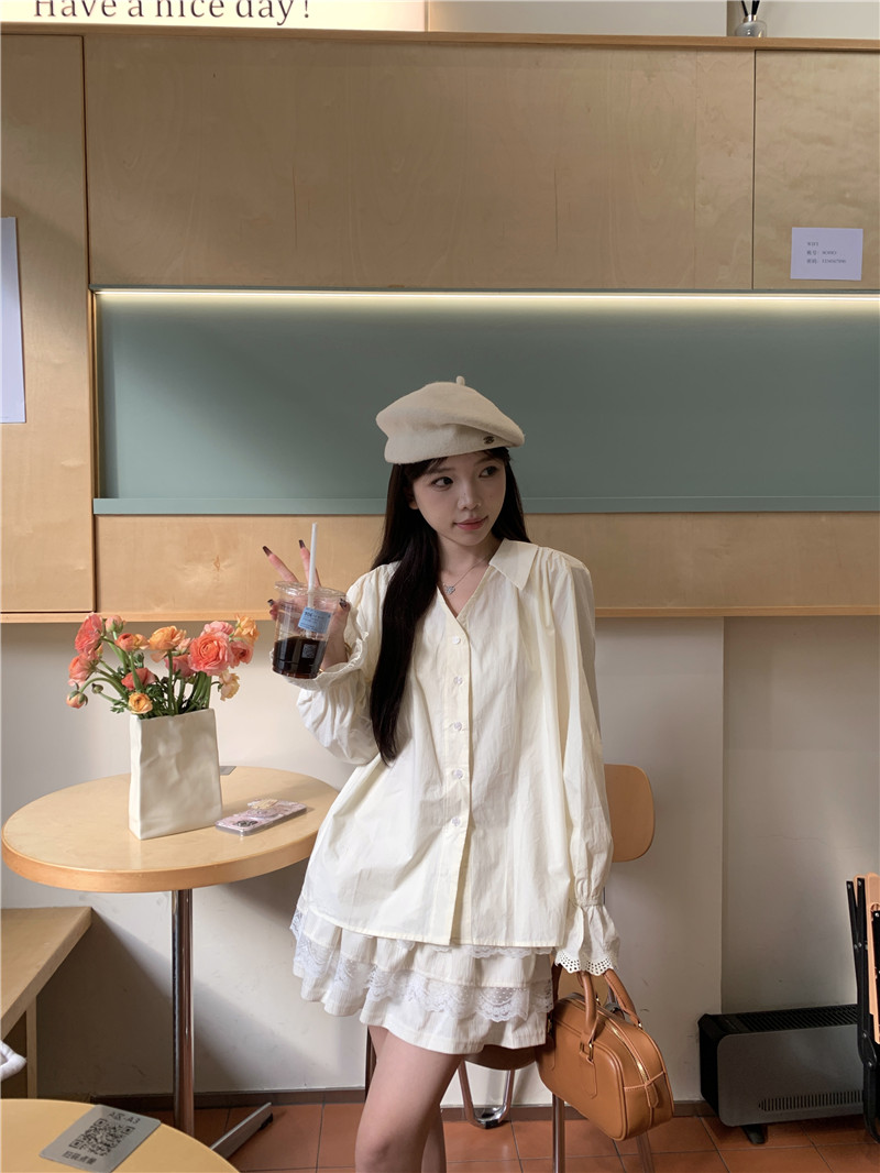 實拍~溫柔甜美花瓣袖長袖襯衫女設計感通勤寬鬆顯瘦上衣