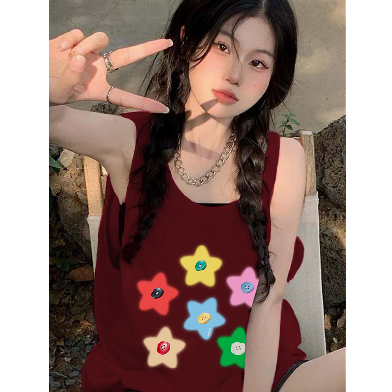 酒紅色坎肩蝴蝶無袖T恤女夏季法式背心多巴胺穿搭甜辣jazz上衣潮