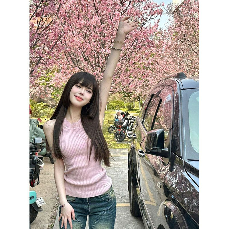 夏季新款粉色針織衫背心女夏季修身顯瘦氣質高級感百搭無袖上衣