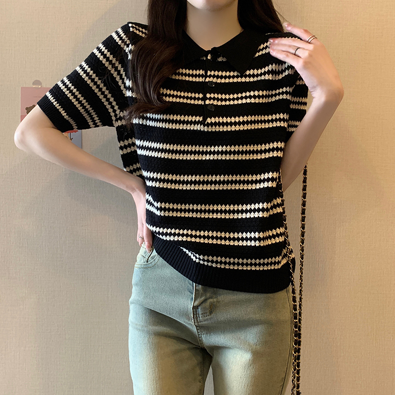 原版質量夏季韓版寬鬆POLO領條紋短袖針織衫上衣女