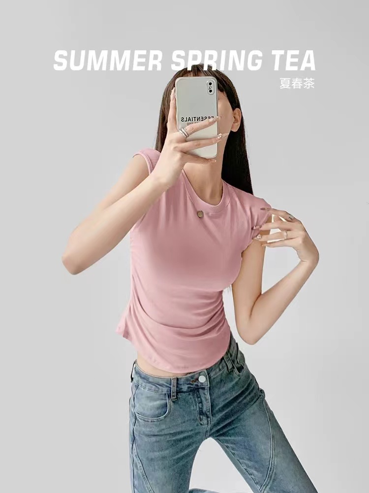 夏春茶歐美粉色短袖t恤女2024新款顯瘦設計感小眾收腰甜辣小上衣