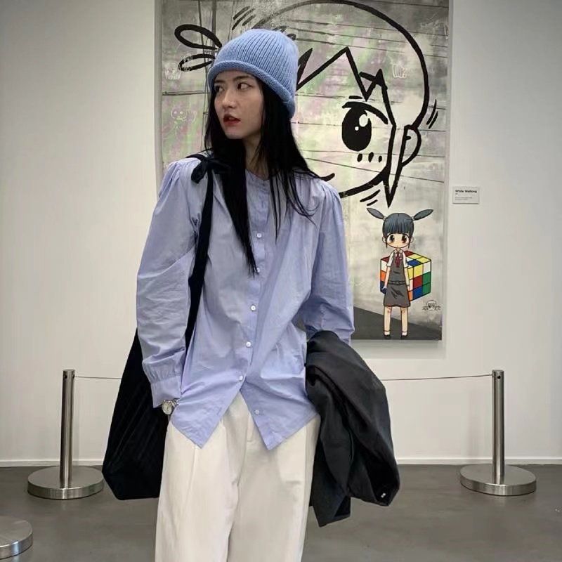 韓版圓領白色襯衫女長袖夏款襯衣復古設計感小眾泡泡ins