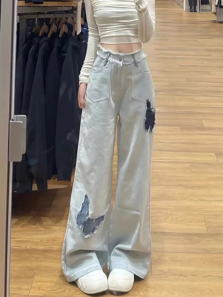 蝴蝶毛邊直筒牛仔褲女2024春季新款高腰顯瘦闊腿褲子