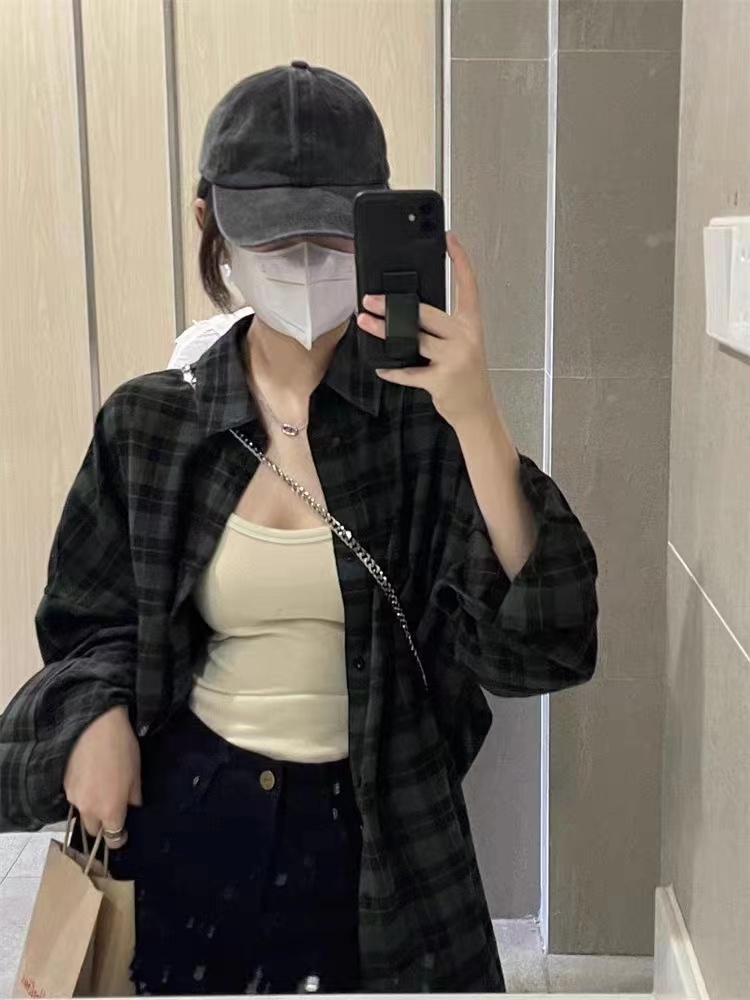 復古chic綠色格子襯衫女秋冬季寬鬆慵懶風中長款襯衣外套開衫外搭