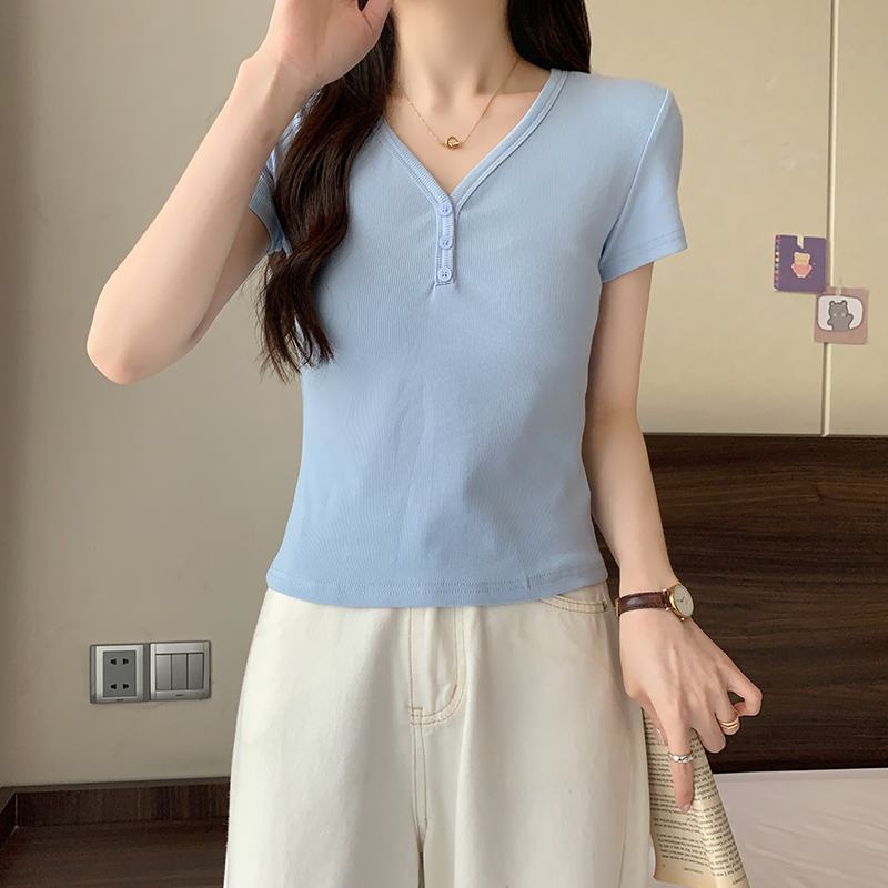 Actual shot of 2024 summer new style fat mm large size fashionable and versatile slimming solid color v-neck right shoulder short-sleeved T-shirt