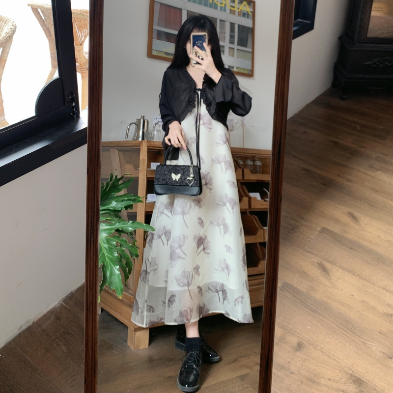 大碼女裝胖mm開衫+復古吊帶連衣裙套裝裙春夏新款顯瘦長裙