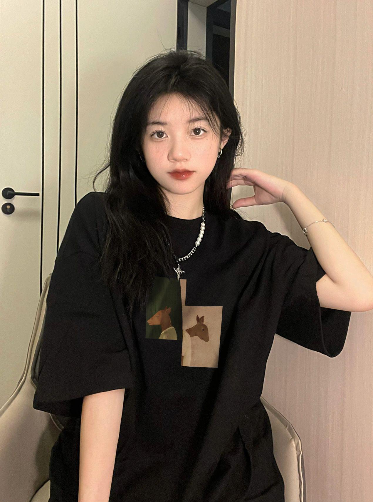 美式復古黑色正肩T恤女短袖小個子夏季上衣設計感小眾oversize潮