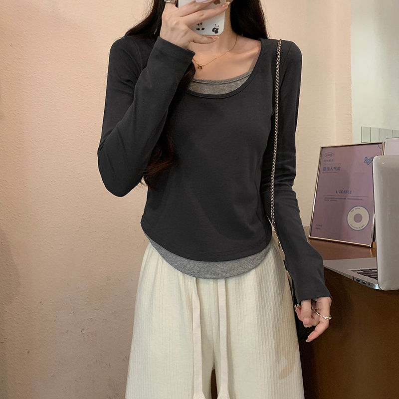 實拍1*1純棉螺紋長袖t恤女春秋薄潮假兩件打底衫圓領上衣大碼女裝
