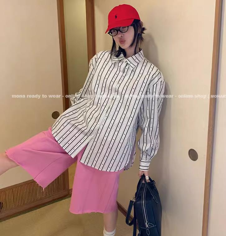 MONA 寬鬆休閒百搭 條紋設計感長袖襯衫上衣女小個子2024早春新款