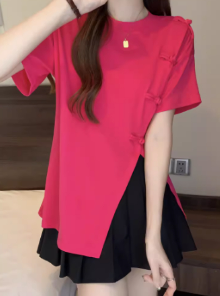 中國風盤扣開叉不規則上衣女夏季胖妹妹遮肉顯瘦短袖打底衫