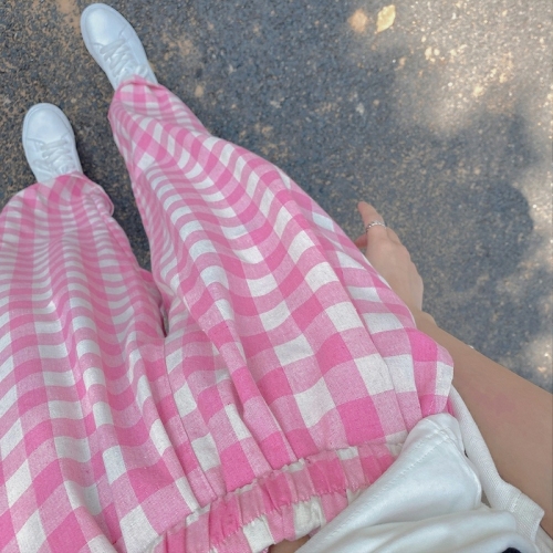粉色格子裤女夏季薄款美式复古工装运动阔腿休闲裤子