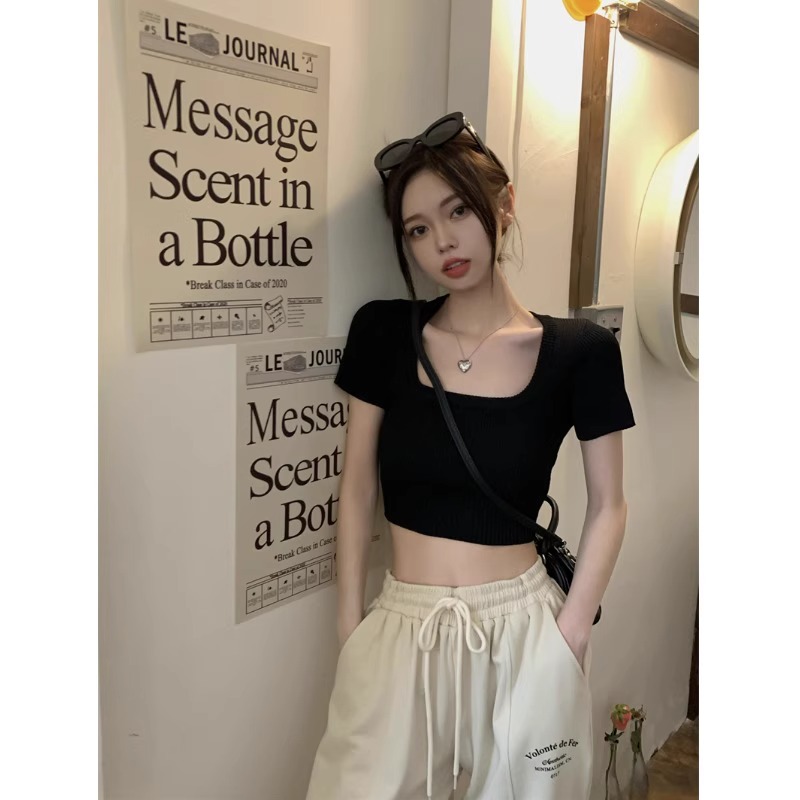甜辣妹方領短袖粉色針織t恤女夏季新款設計感短款收腰修身上衣