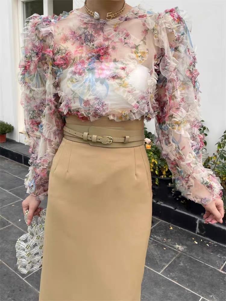 法式復古碎花長袖襯衫女2024春季新款設計感網紗木耳邊甜美上衣