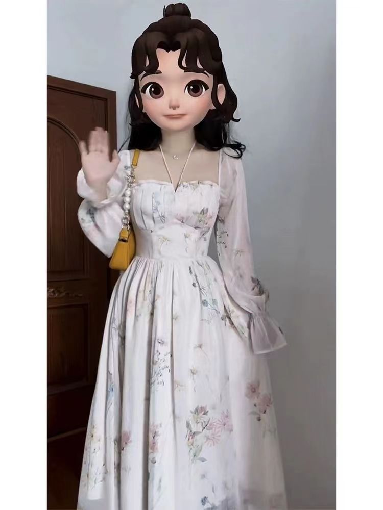 法式茶歇春季碎花連衣裙小個子氣質桔梗雪紡高腰長款仙女裙淑女款