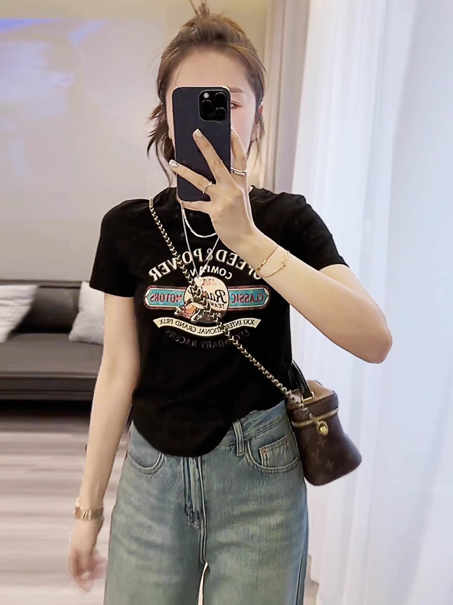純棉短款美式復古印花短袖T恤女夏季新款少女修身顯瘦上衣