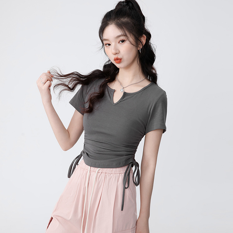 甜辣妹小眾正肩v領短袖t恤女夏季設計感修身短款顯瘦抽繩上衣