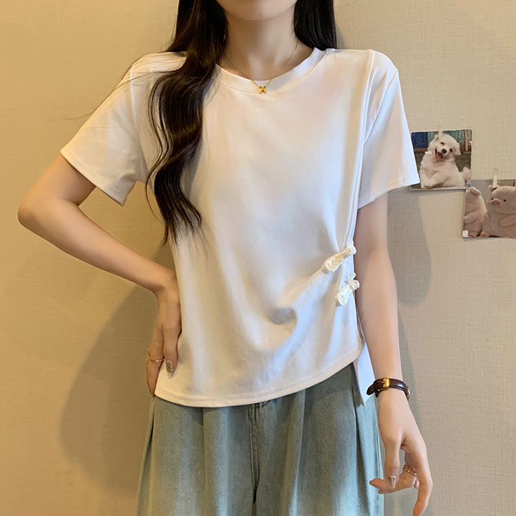 Actual shot of 2024 summer new style fat mm plus size fashionable and chic new Chinese style plate button round neck slit short-sleeved T-shirt