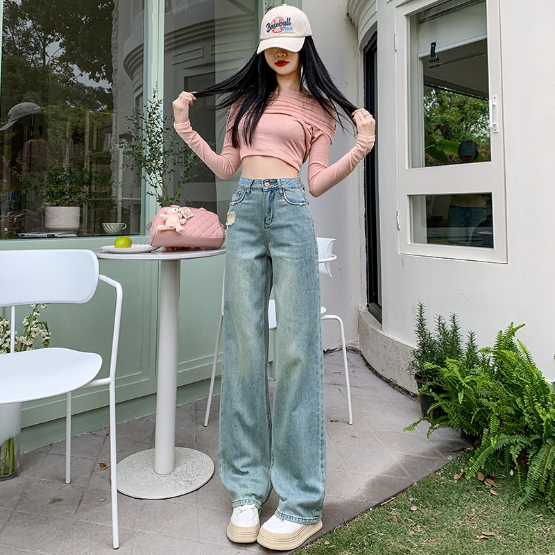 實拍~淺藍色牛仔闊腿褲女2024春季新款設計感破洞後腰皮牌褲子潮