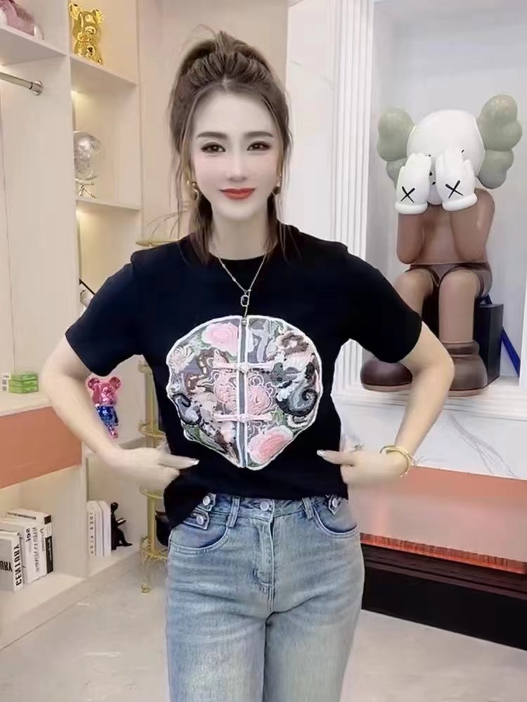 歐洲站國風盤扣刺繡純棉短袖T恤女2024早春新款修身顯瘦時尚上衣