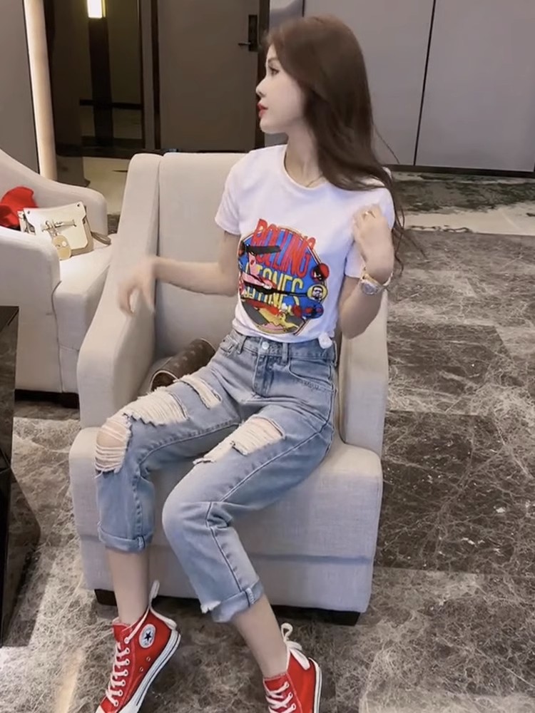 純棉短款美式復古印花短袖T恤女夏季新款少女修身顯瘦上衣