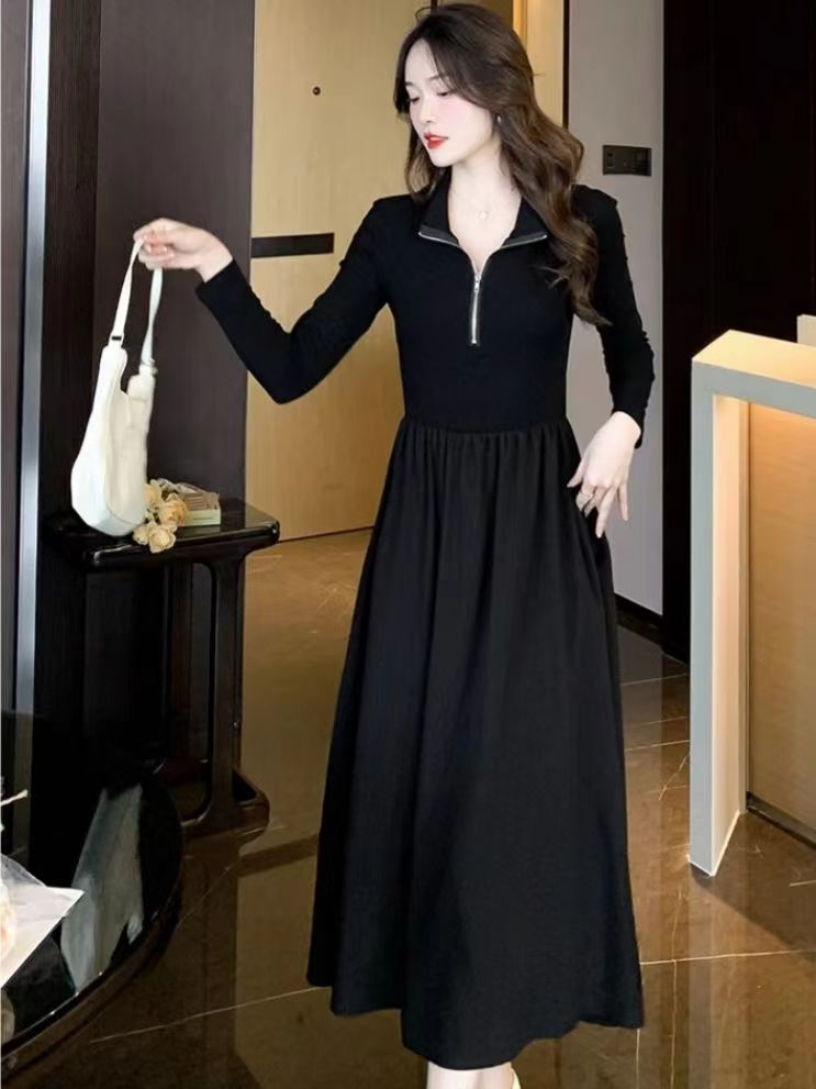 黑色長袖連衣裙女秋季新款法式高級感氣質收腰顯瘦赫本風裙子