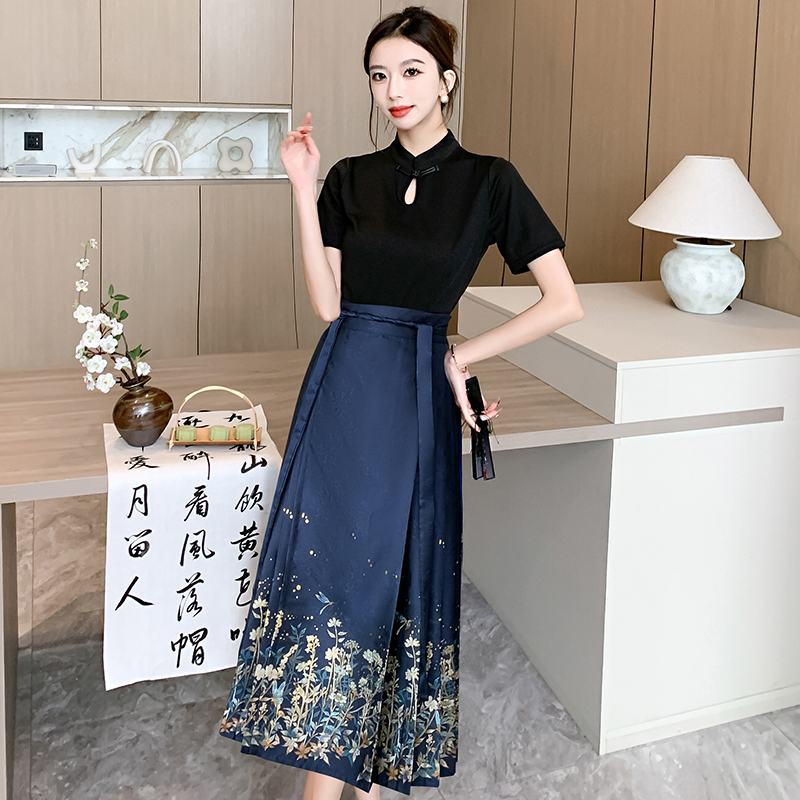 實拍 夏季螢火之森新中式國風明制漢服國風仿妝花馬面通勤T恤上衣