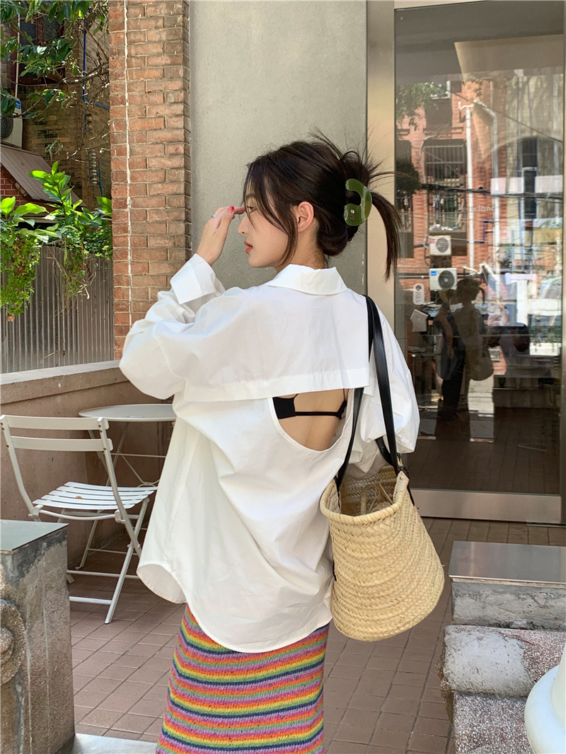 初春露背襯衫外套女新款寬鬆中長款防曬開衫白色襯衣長袖上衣