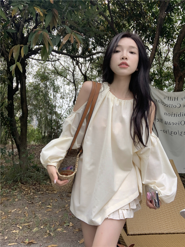 實拍~大碼女裝露肩襯衫女2024新款法式寬鬆設計感襯衫上衣潮