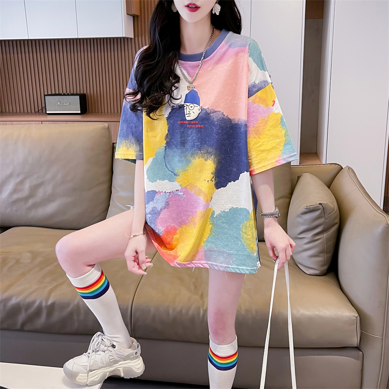 實拍~2024夏季26支精梳純棉扎染印花百搭寬鬆上衣T恤女