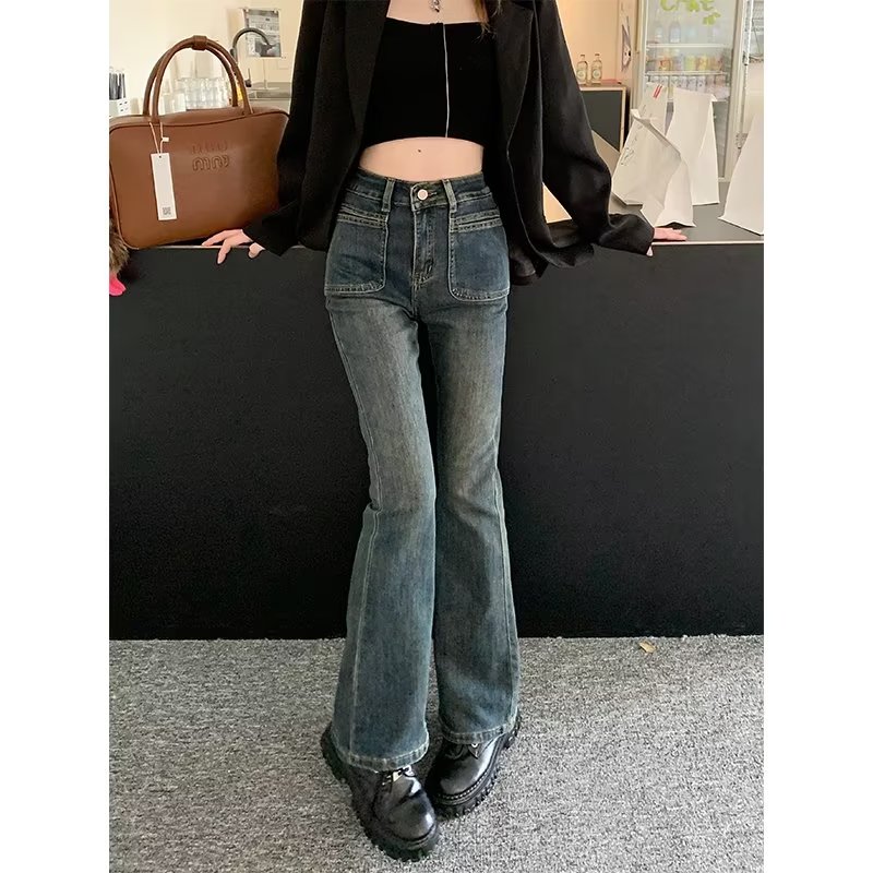 大碼彈力微喇叭牛仔褲女春秋胖mm高腰修身顯瘦直筒闊腿馬蹄拖地褲