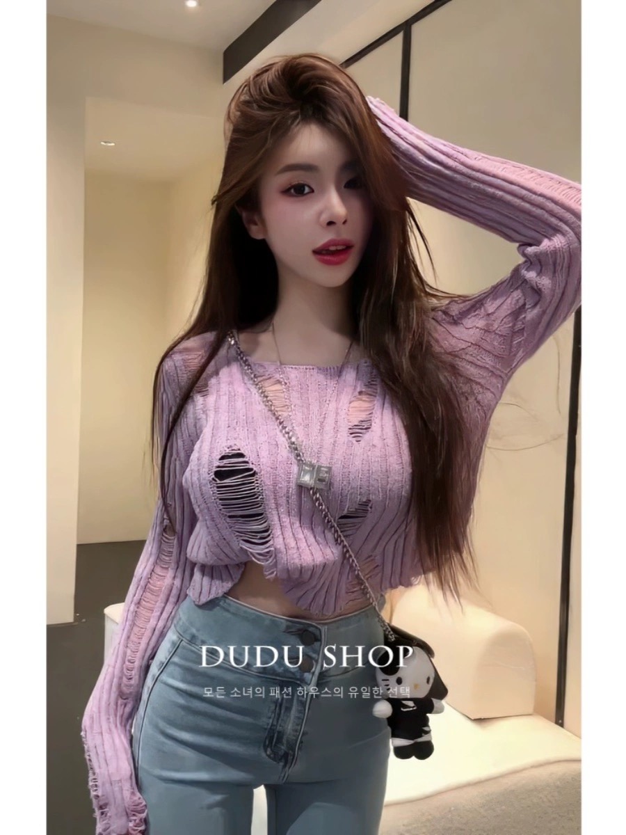 Taro Purple Hollow Hollow Knitted Sweater Spring New Women's Clothing 2024 Small Short Style Chic and Beautiful Little Top