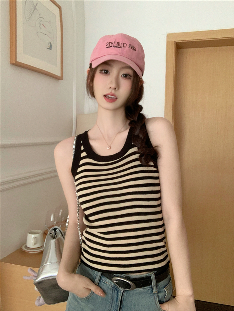 Real shot of striped camisole women's summer outer wear pure desire inner wear sleeveless women's T-shirt short knitted