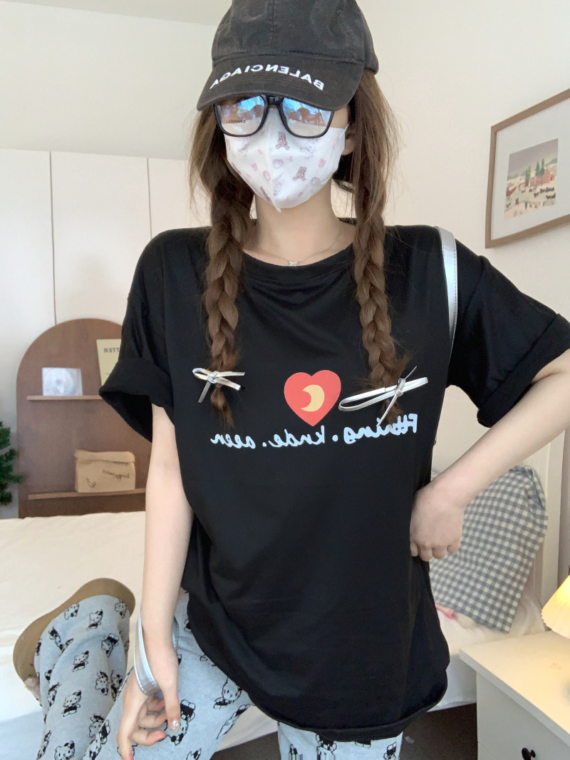 實拍 春夏新款短袖t恤女寬鬆百搭愛心字母黑色學生半袖上衣