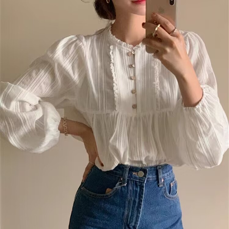 韓國chic春季減齡復古溫柔甜美小姐姐褶皺小花邊系扣純欲圓領襯衫