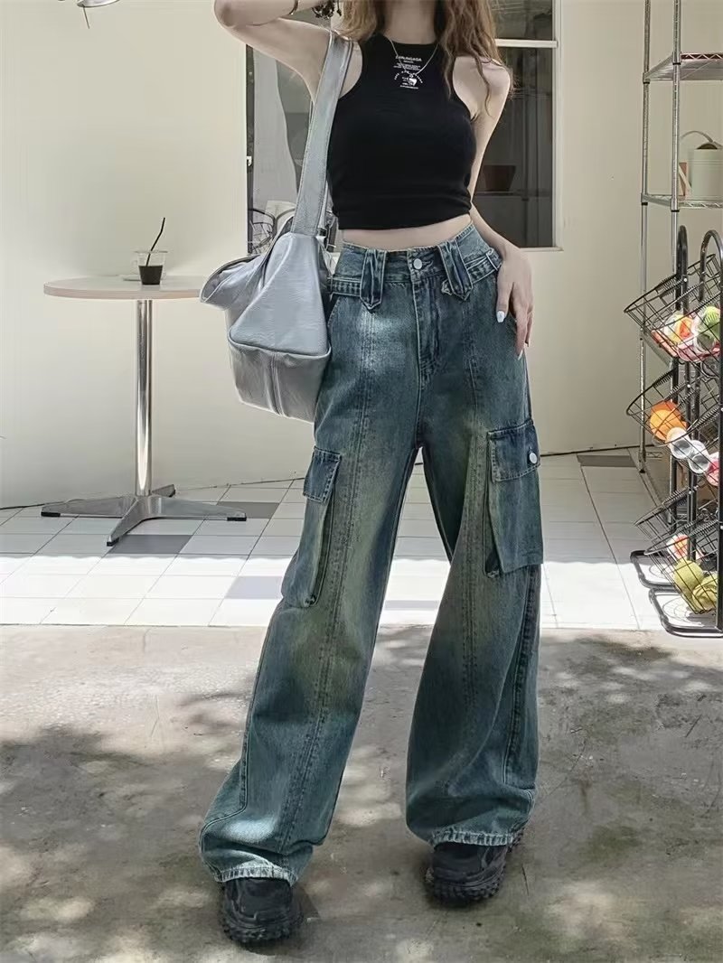 大碼美式高街工裝牛仔褲女春秋胖mm寬鬆顯瘦高腰直筒闊腿拖地褲子