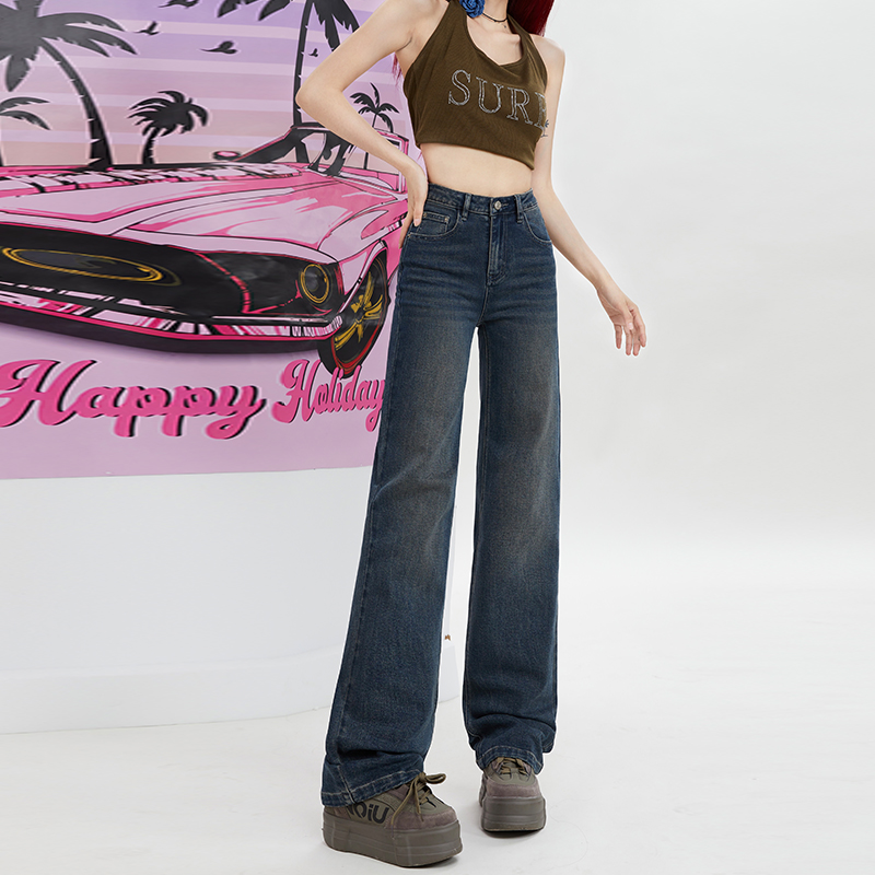 實拍春季preppylook新款直筒牛仔褲女顯瘦煙管褲復古水洗拖地褲女