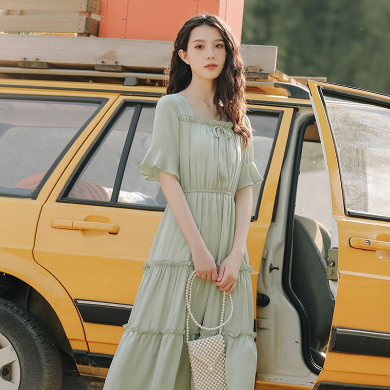 夏裝2024新款女時尚法式初戀長裙仙女超仙森系雪紡方領連衣裙女夏